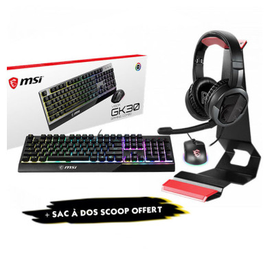 Pack Gamer MSI- Clavier, Souris GK30,Casque GH30, Support HS01 & Sac a Dos