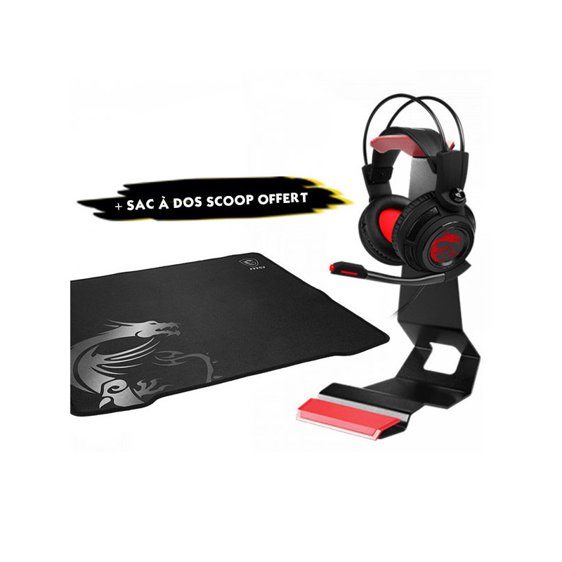 Pack Gamer MSI -Casque DS502, Support HS01,Tapis GD30 & Sac a Dos