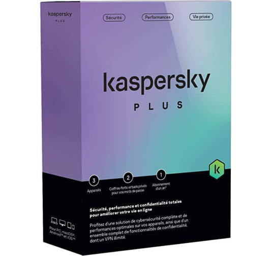 Kaspersky Antivirus 2023 Plus pour 3 postes, Abonnement 1 an & 2 coffres-forts privés pour vos mots de passe
