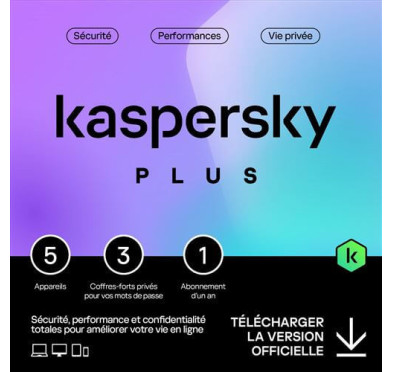 Antivirus Kaspersky PLUS 2023: 5 postes, Licence 1 an & 3 coffres-forts privés pour mots de passe