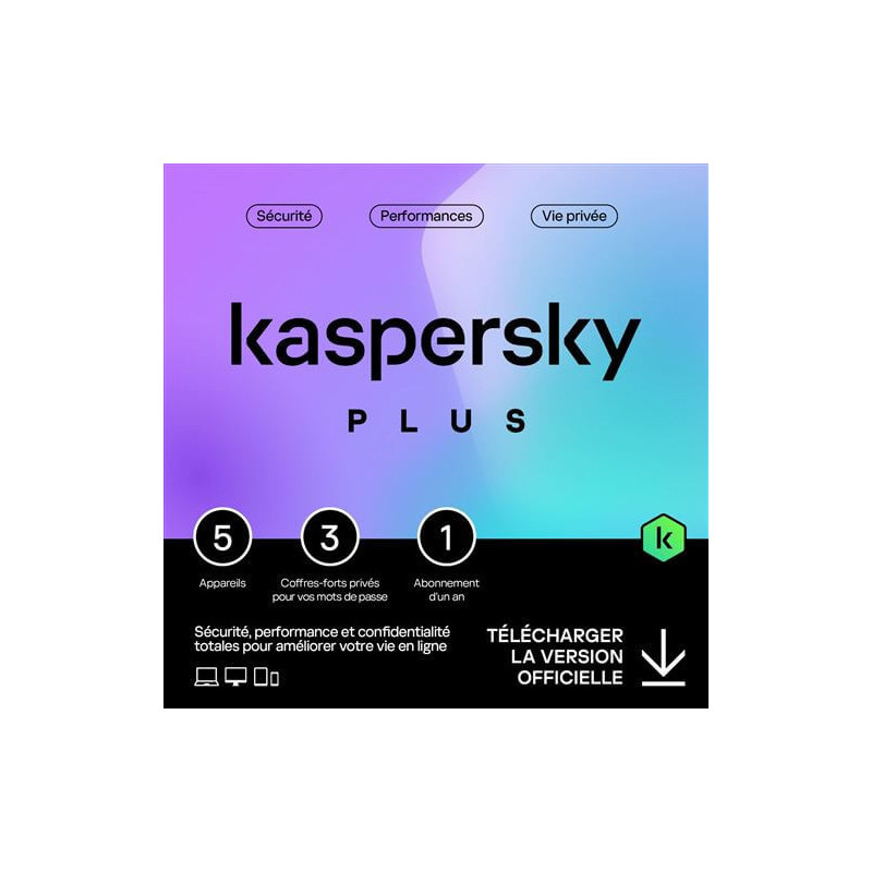 Antivirus Kaspersky PLUS 2023: 5 postes, Licence 1 an & 3 coffres-forts privés pour mots de passe