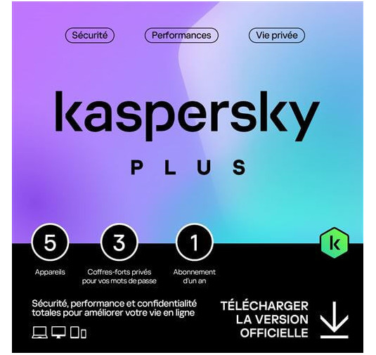 Antivirus Kaspersky PLUS 2023: 5 postes, Licence 1 an & 3 coffres-forts privés pour mots de passe