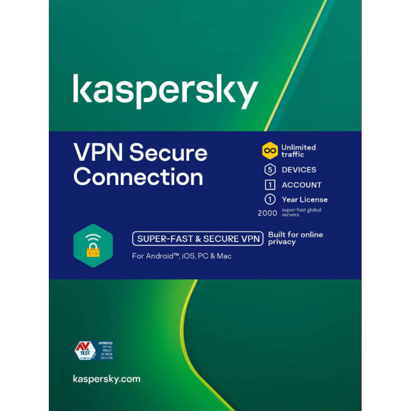 Kaspersky VPN Secure Connection 5 appareils, 1 utilisateur, abonnement 1 an