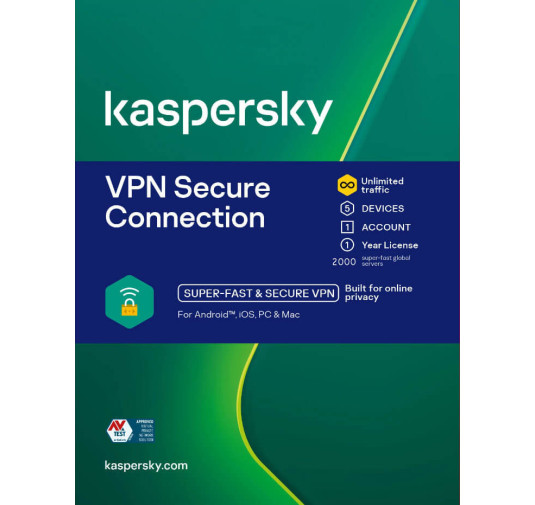 Kaspersky VPN Secure Connection 5 appareils, 1 utilisateur, abonnement 1 an