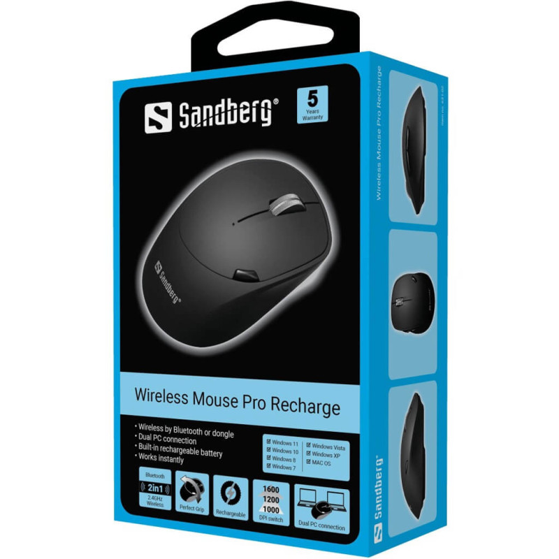Souris sans fil Sandberg rechargeable, Double connexion (bluetooth / dongle)