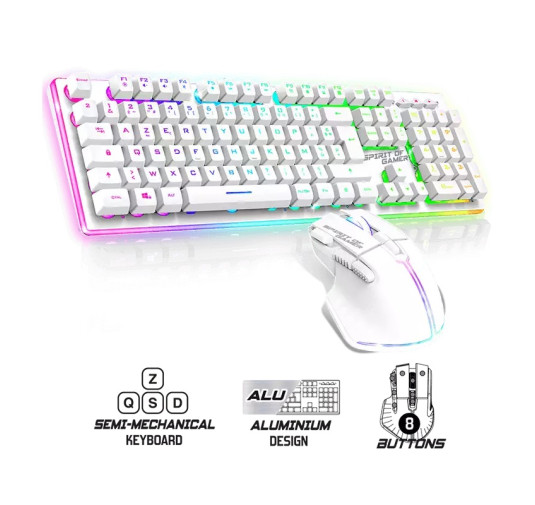 Pack Gamer Sans Fil Clavier Semi Mécanique + Souris SOG ULT600 RGB Blanc