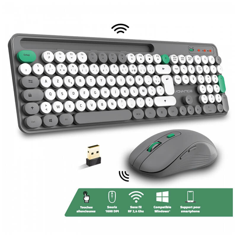Pack clavier et souris sans fil Advance PEP'S Wireless - Gris